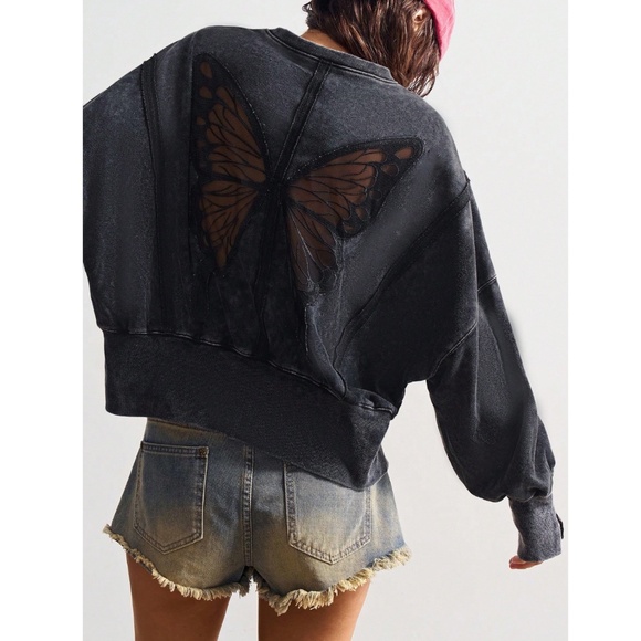 Cotton Black Butterfly Mesh Sheer Back Insert Sweatshirt - Picture 7 of 8